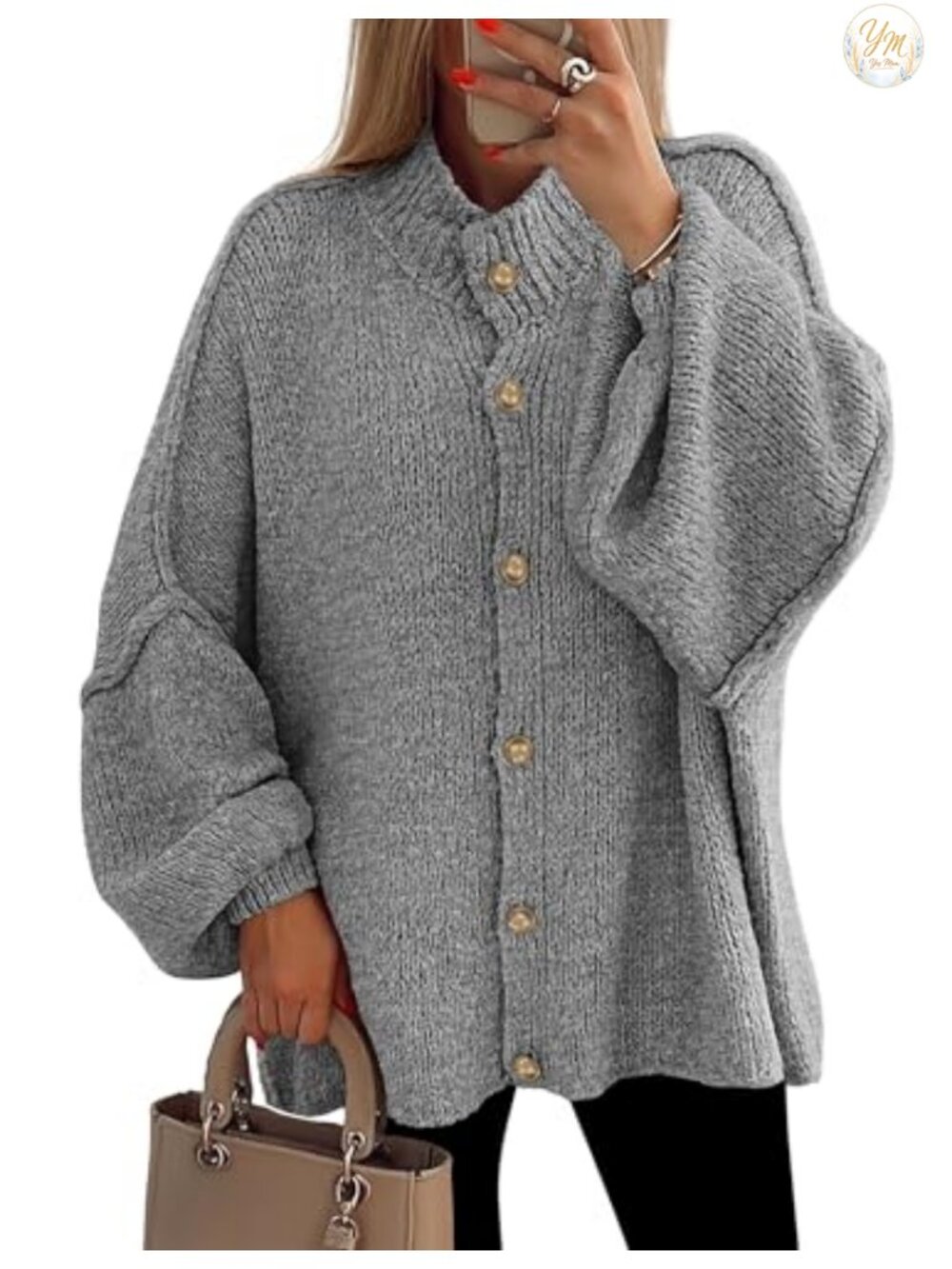 Women's Oversized Chunky Cardigan Sweater Mock Neck Lantern Sleeve Fall Winter